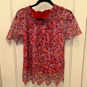 Tahari Vibrant Red and Multicolor Top